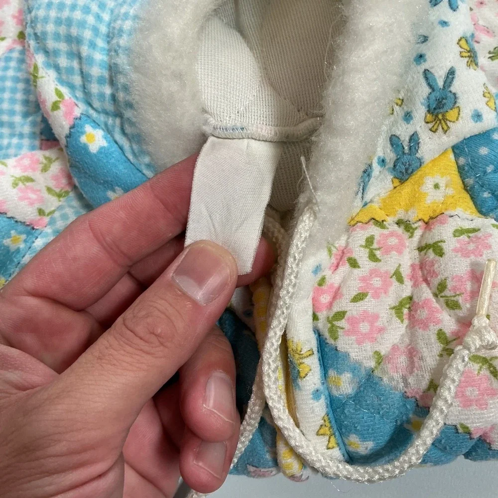 VTG 70s Patchwork Quilted Baby Bunting Snowsuit Hood Pastel Floral Gingham Blue